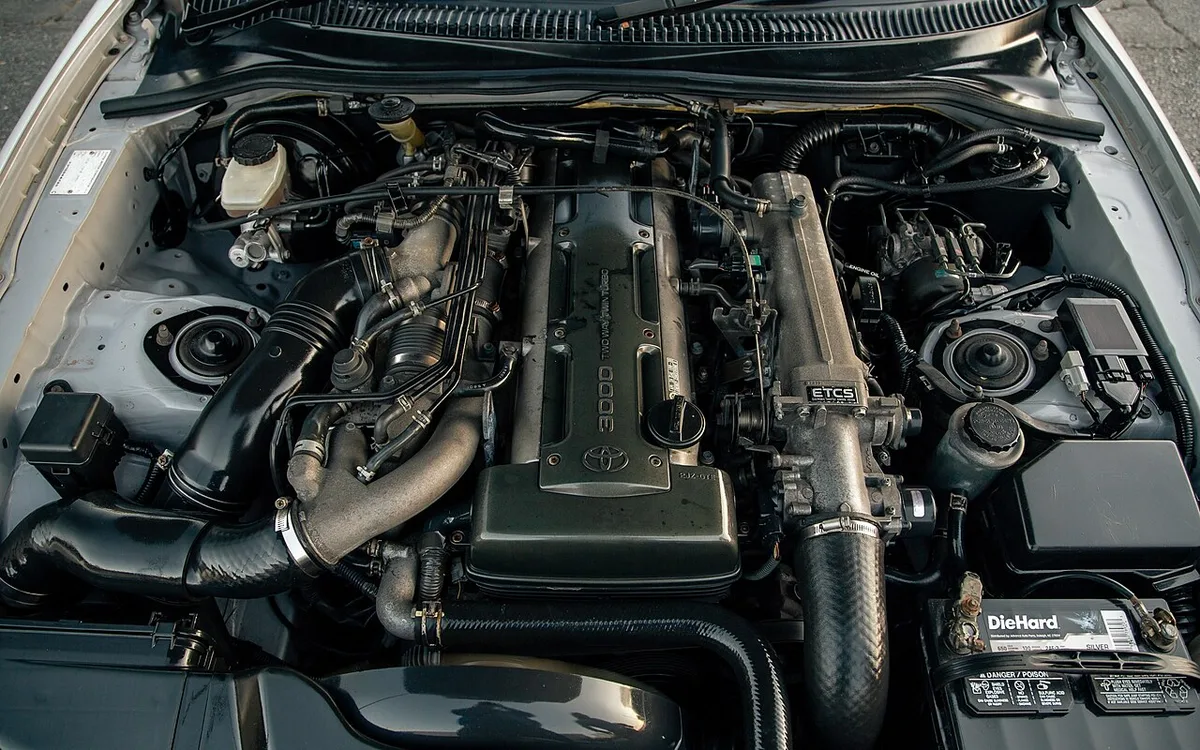 The 2JZ-GTE engine in the bay of a 1995 Toyota Supra RZ-S