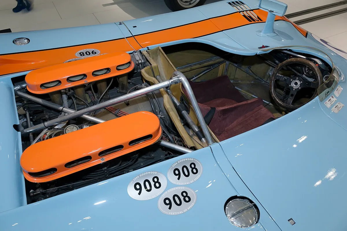 The flat-eight engine in a 1970 Porsche 908/3 Spyder at the Porsche Museum