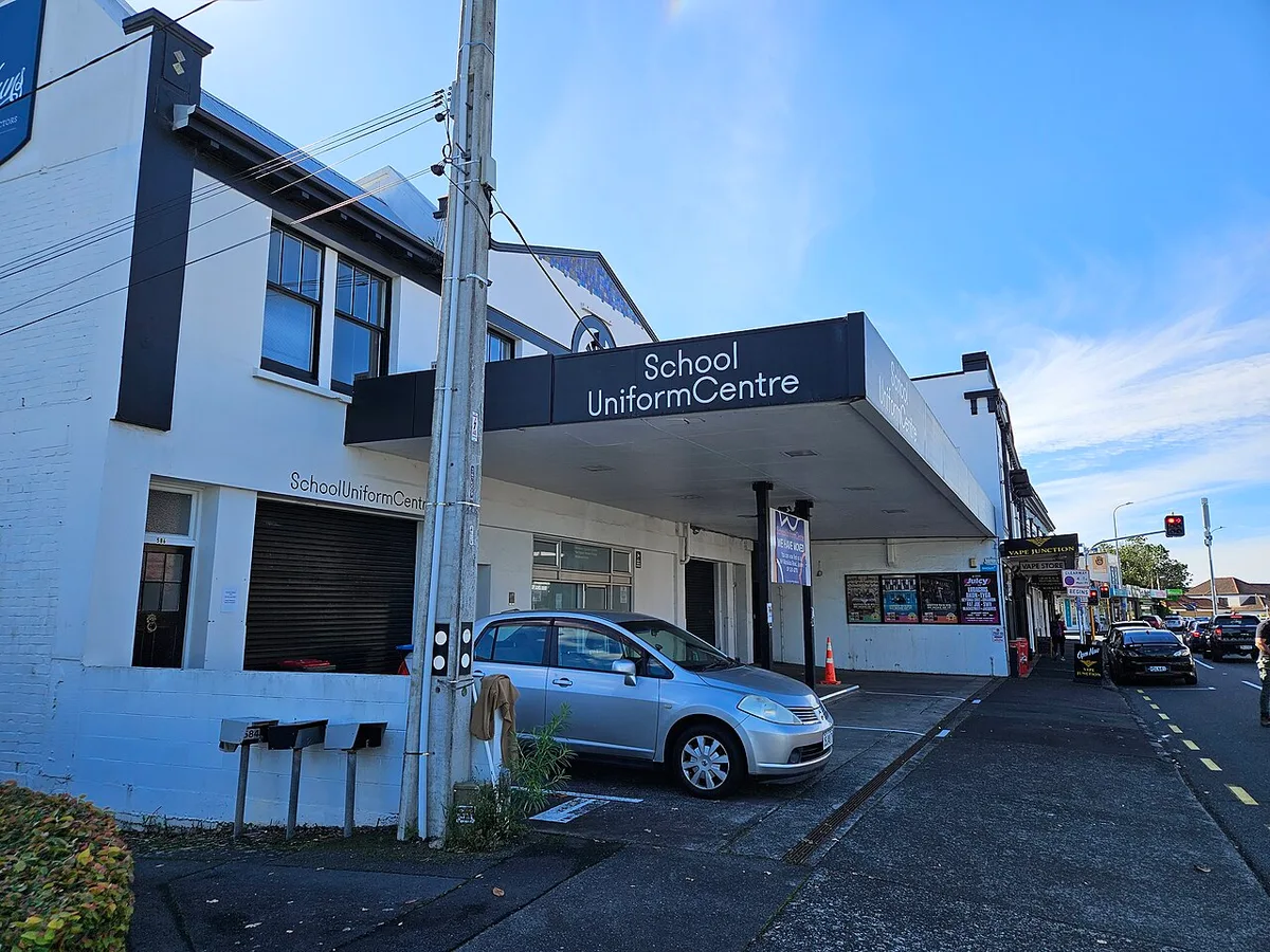 The former McLaren garage in Remuera, Auckland, in 2024, with its canopy over the old forecourt