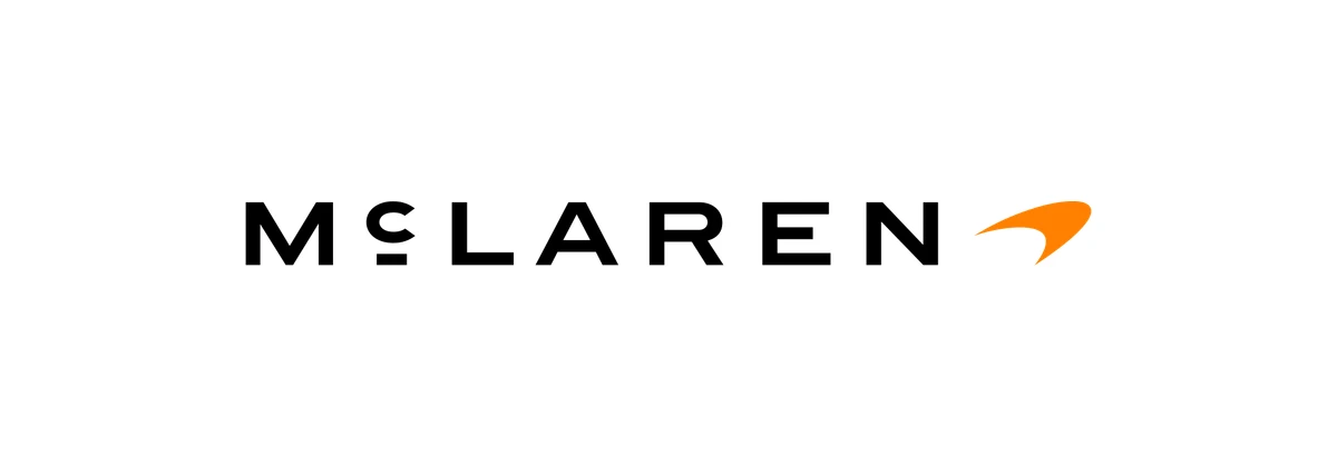 McLaren's new wordmark, spelled in wide capital letters with a small underlined c, next to the orange Speedmark
