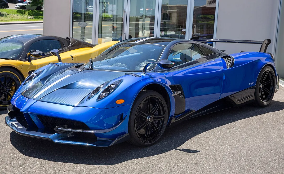 A blue Pagani Huayra BC from the front three-quarter view