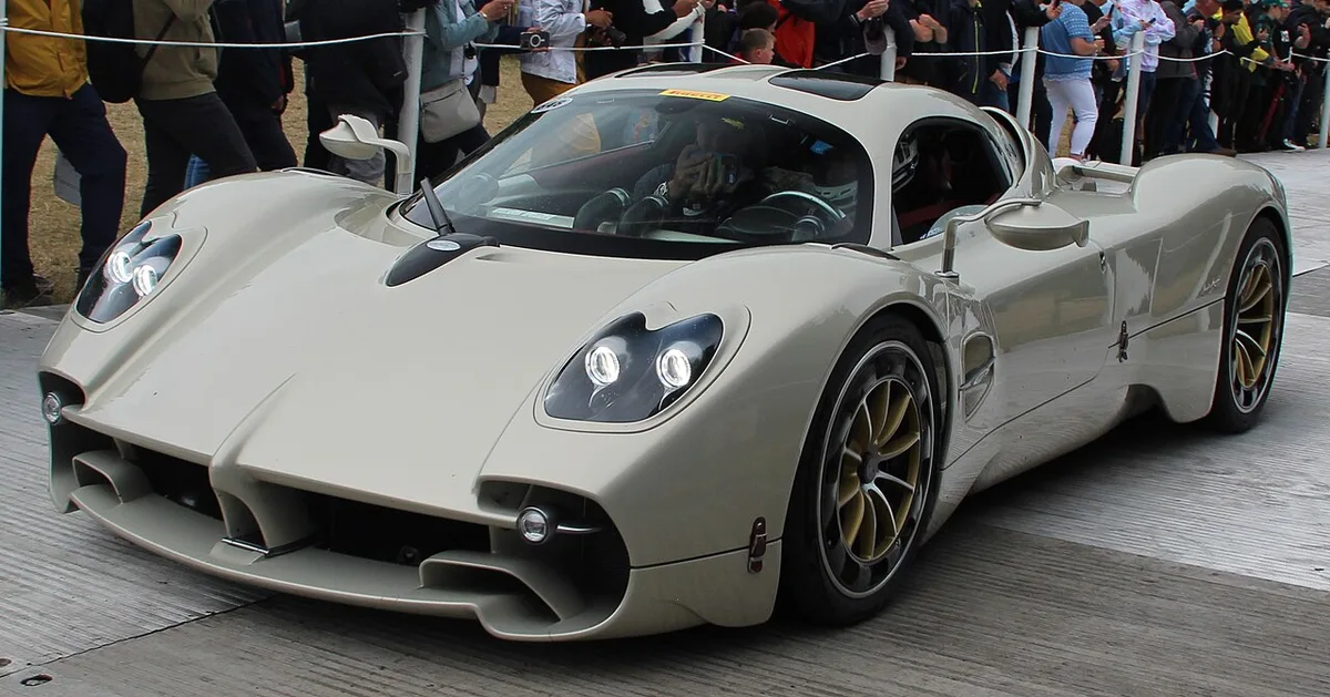 A white Pagani Utopia from the front three-quarter view