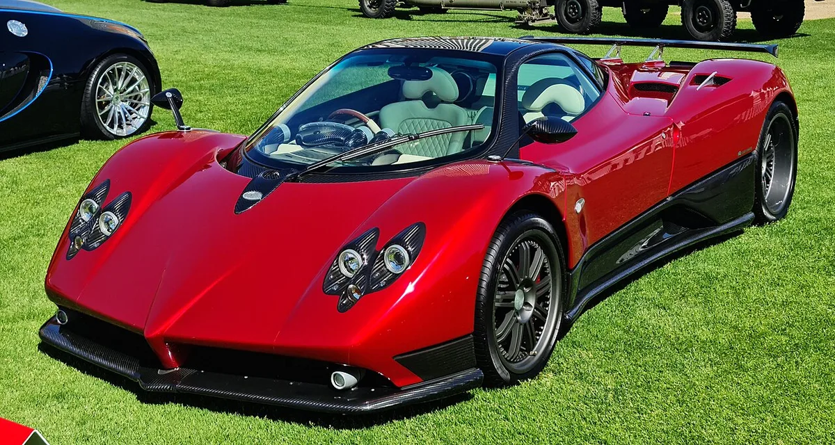 A red Pagani Zonda F from the front three-quarter view