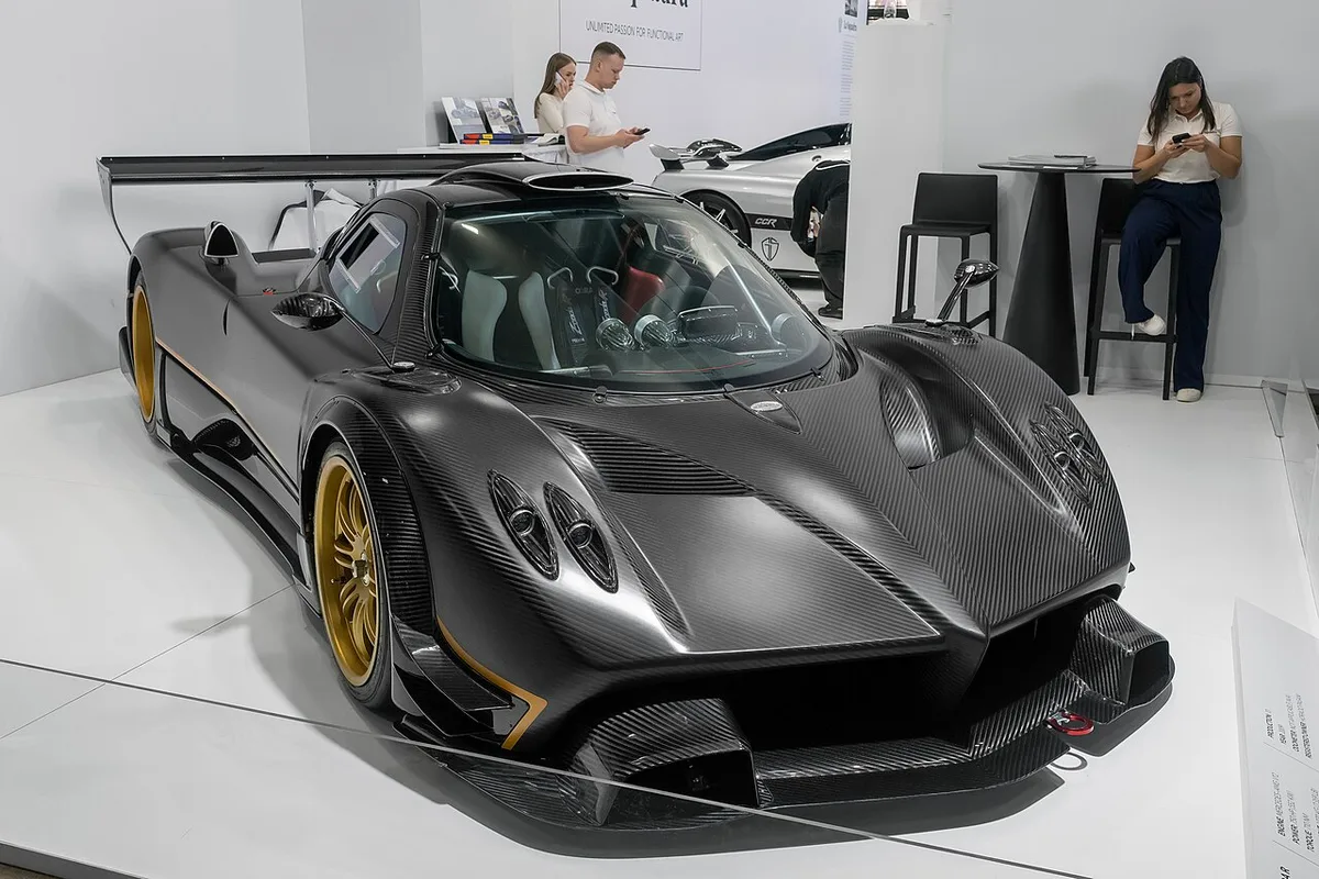 A carbon-bodied Pagani Zonda R track car from the front three-quarter view
