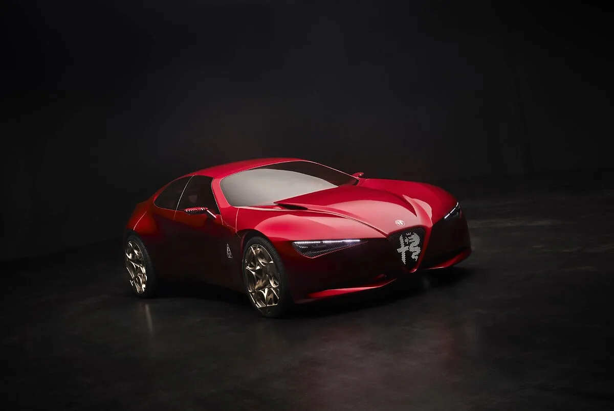 The red Alfa Romeo Cuorerosso concept coupe seen from the front three-quarter angle in a studio