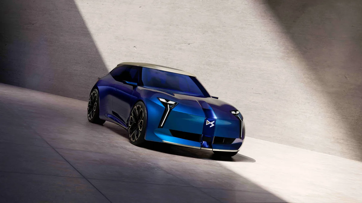 The blue DS F3VER concept seen from the front three-quarter angle