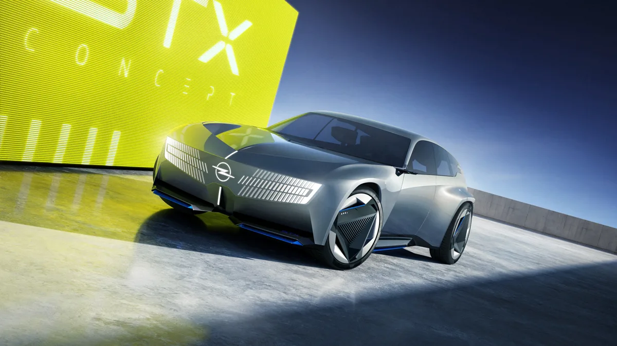 A rendering of the Opel STX concept wagon seen from the front three-quarter angle