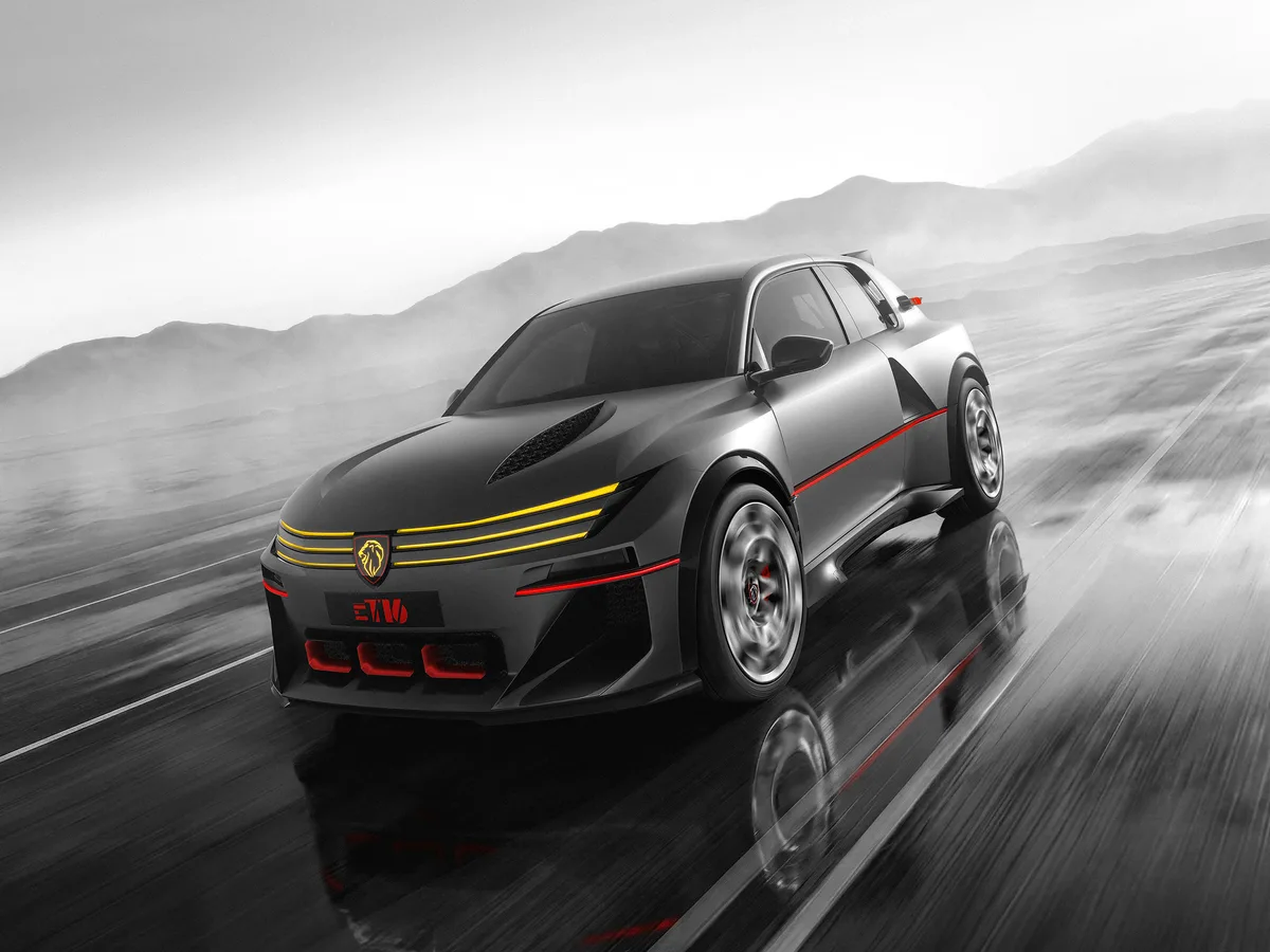 The grey Peugeot E-T16 concept hatchback with a red stripe and yellow light bars on a wet road