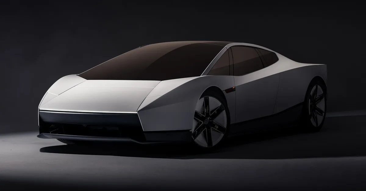Front three-quarter view of the white 2026 Tesla Roadster with a faceted hood, a thin light bar across the nose, and gold-tinted glass