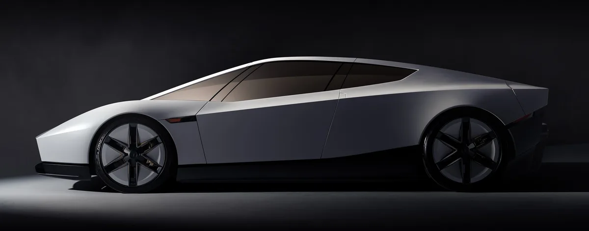 Side profile of the white 2026 Tesla Roadster showing its straight wedge line from a low nose to a tall, cut-off tail